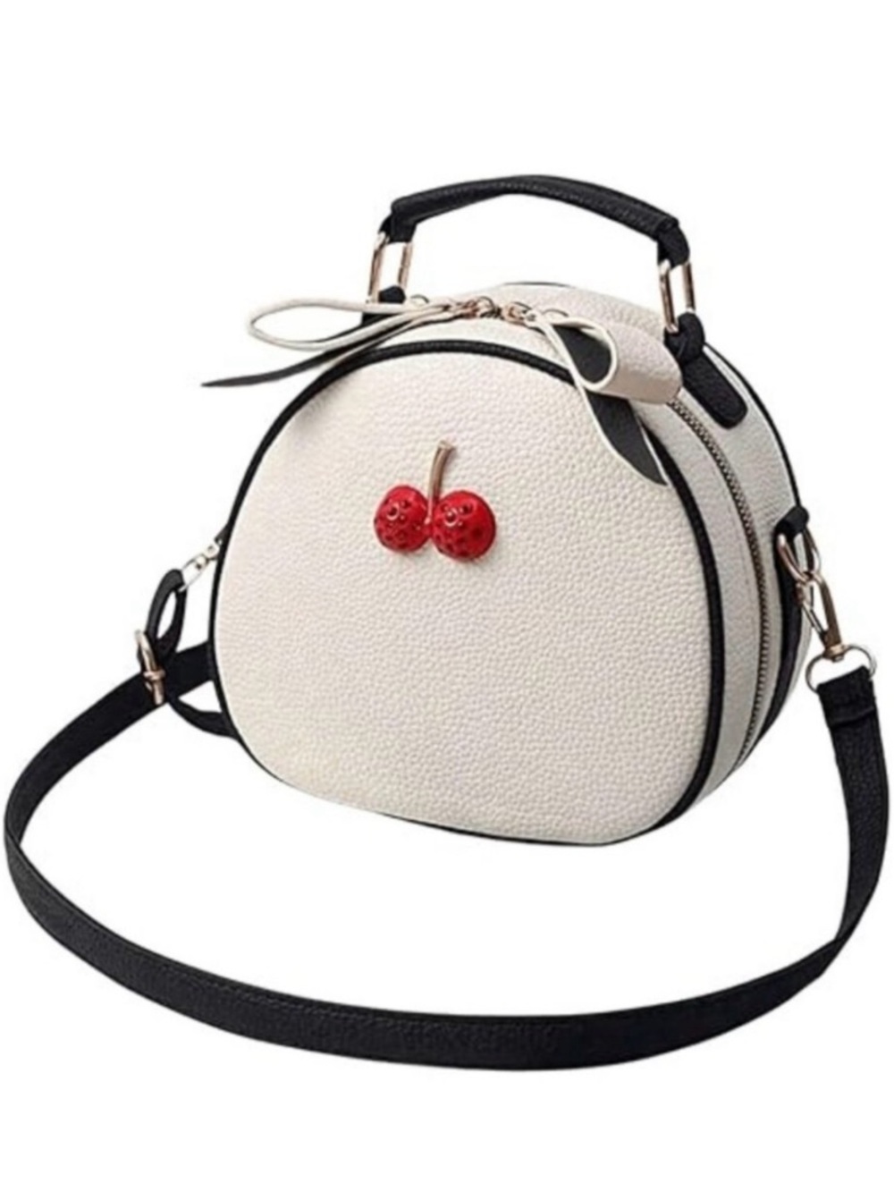 Cream Crossbody Bag with Red Cherry Accent and Black Trim